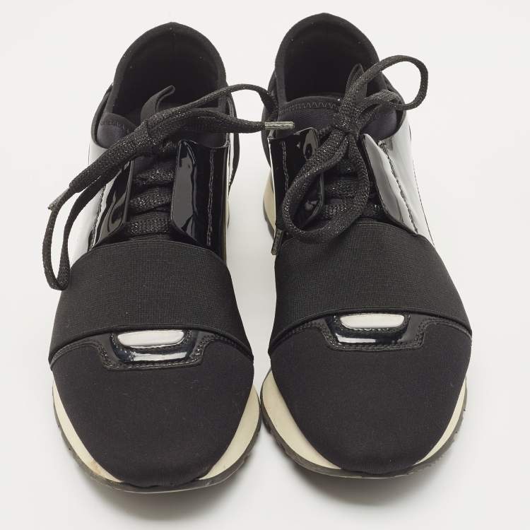Pre Owned Balenciaga Black Patent Leather and Fabric Race Runner Sneakers Size 36