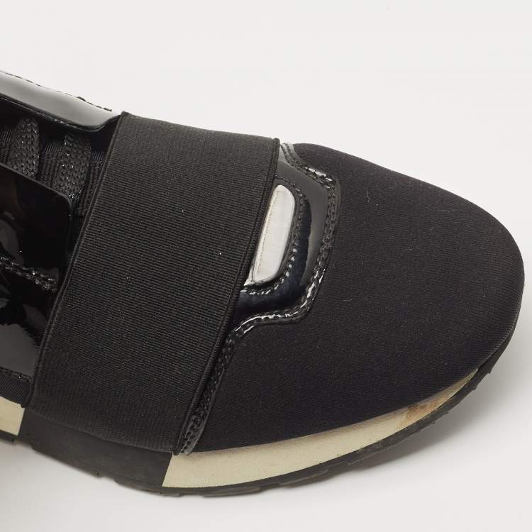 Pre Owned Balenciaga Black Patent Leather and Fabric Race Runner Sneakers Size 36