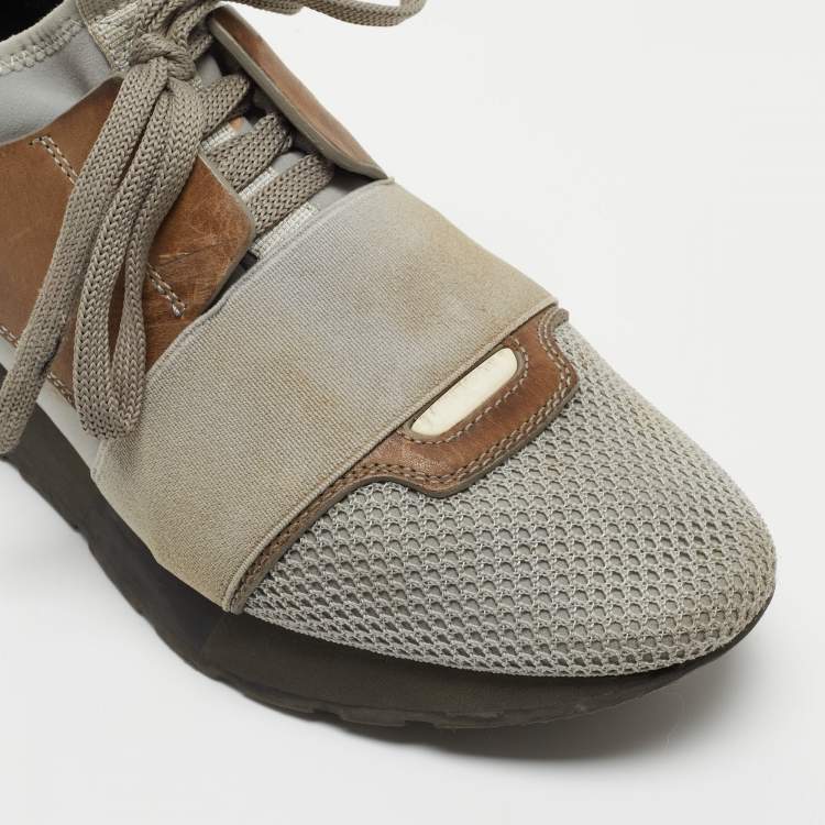 Pre Owned Balenciaga Grey/Brown Leather and Mesh Race Runner Sneakers Size 37