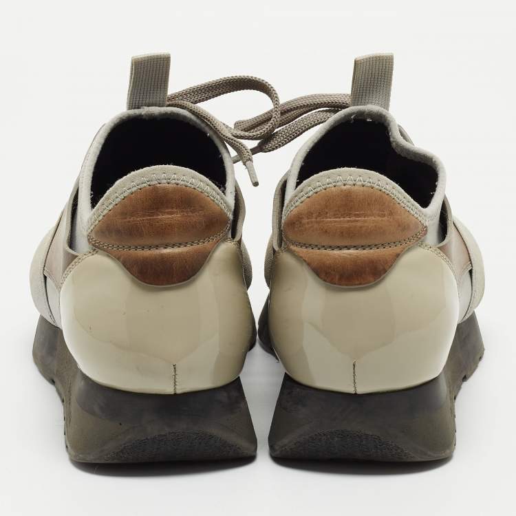 Pre Owned Balenciaga Grey/Brown Leather and Mesh Race Runner Sneakers Size 37