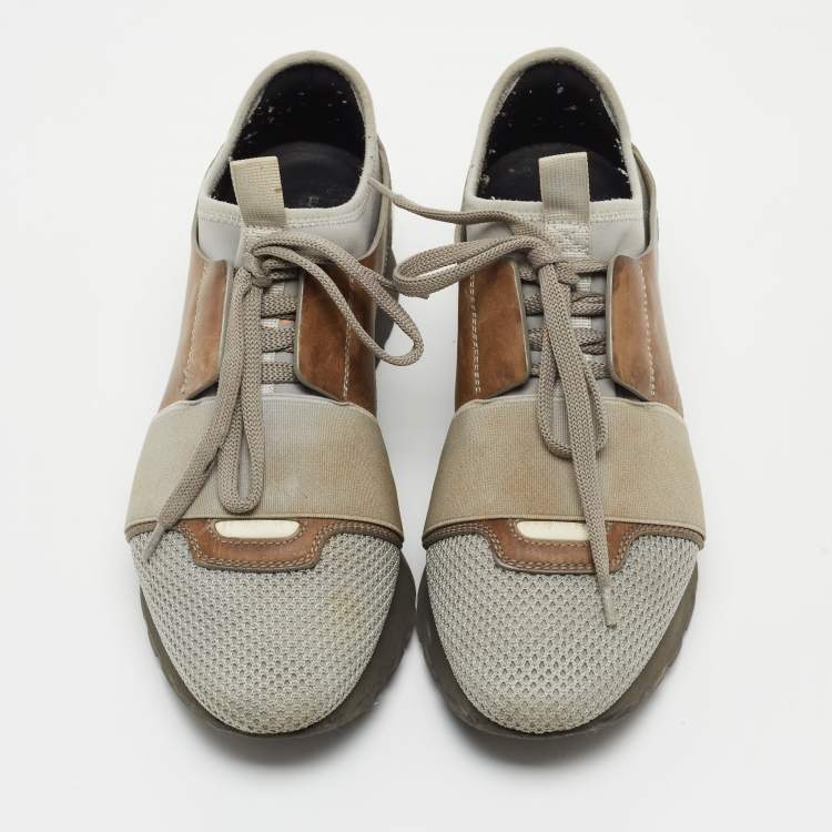 Pre Owned Balenciaga Grey/Brown Leather and Mesh Race Runner Sneakers Size 37