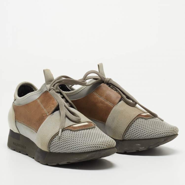 Pre Owned Balenciaga Grey/Brown Leather and Mesh Race Runner Sneakers Size 37