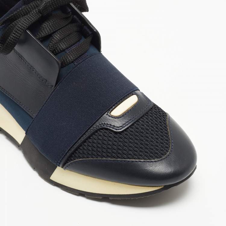 Pre Owned Balenciaga Navy Blue Leather and Mesh Race Runner Sneakers Size 36