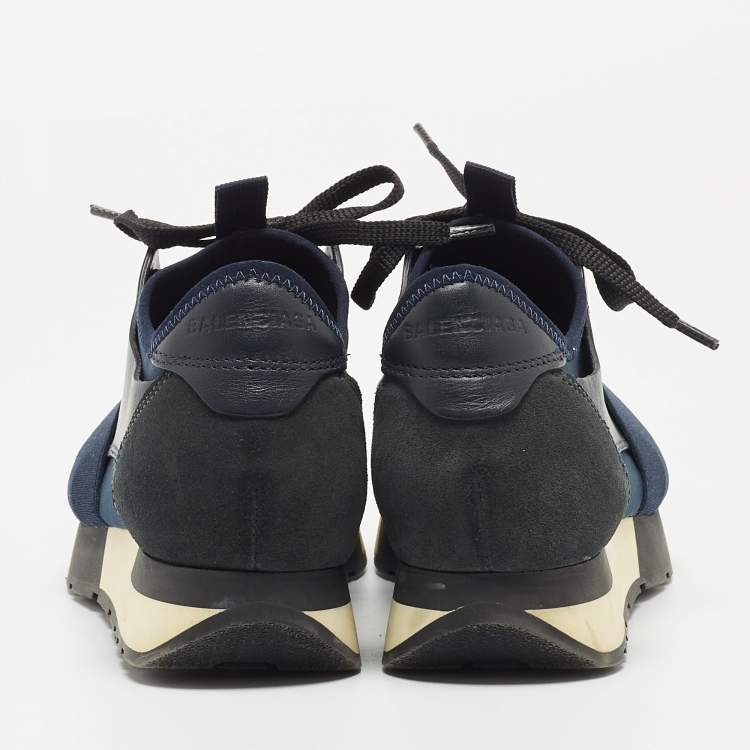 Pre Owned Balenciaga Navy Blue Leather and Mesh Race Runner Sneakers Size 36