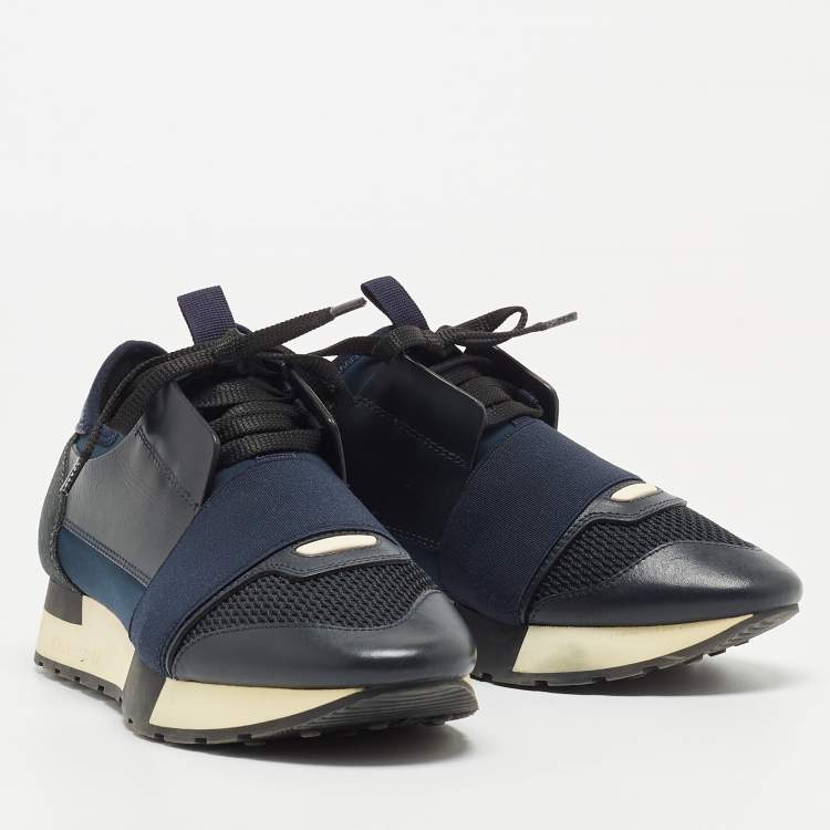 Pre Owned Balenciaga Navy Blue Leather and Mesh Race Runner Sneakers Size 36