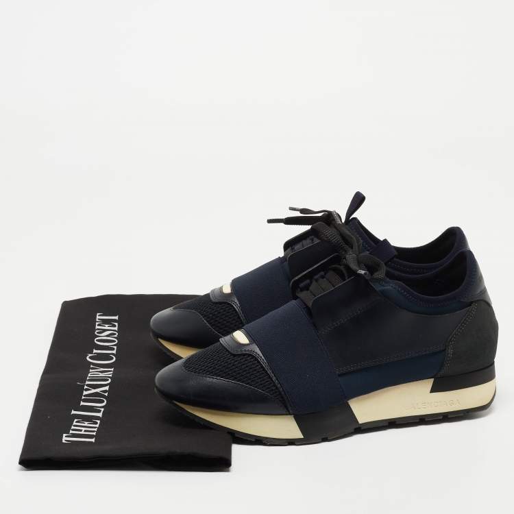 Pre Owned Balenciaga Navy Blue Leather and Mesh Race Runner Sneakers Size 36