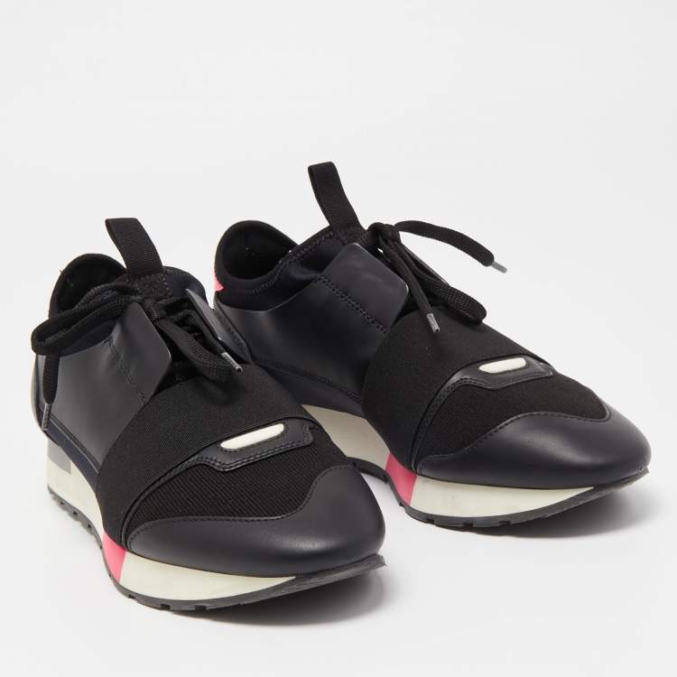Pre Owned Balenciaga Black Leather and Fabric Race Runner Sneakers Size 39