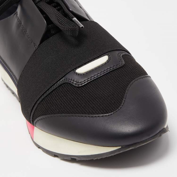 Pre Owned Balenciaga Black Leather and Fabric Race Runner Sneakers Size 39