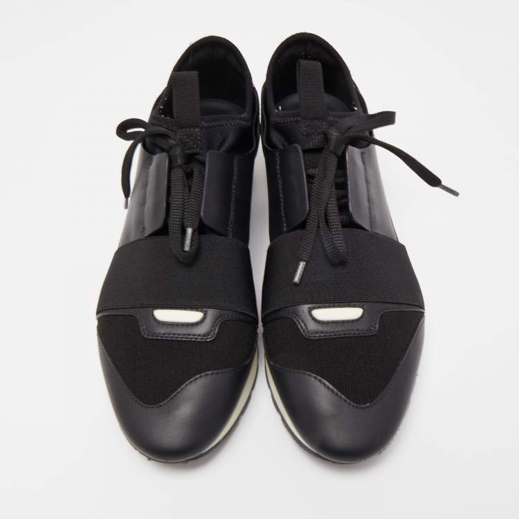 Pre Owned Balenciaga Black Leather and Fabric Race Runner Sneakers Size 39