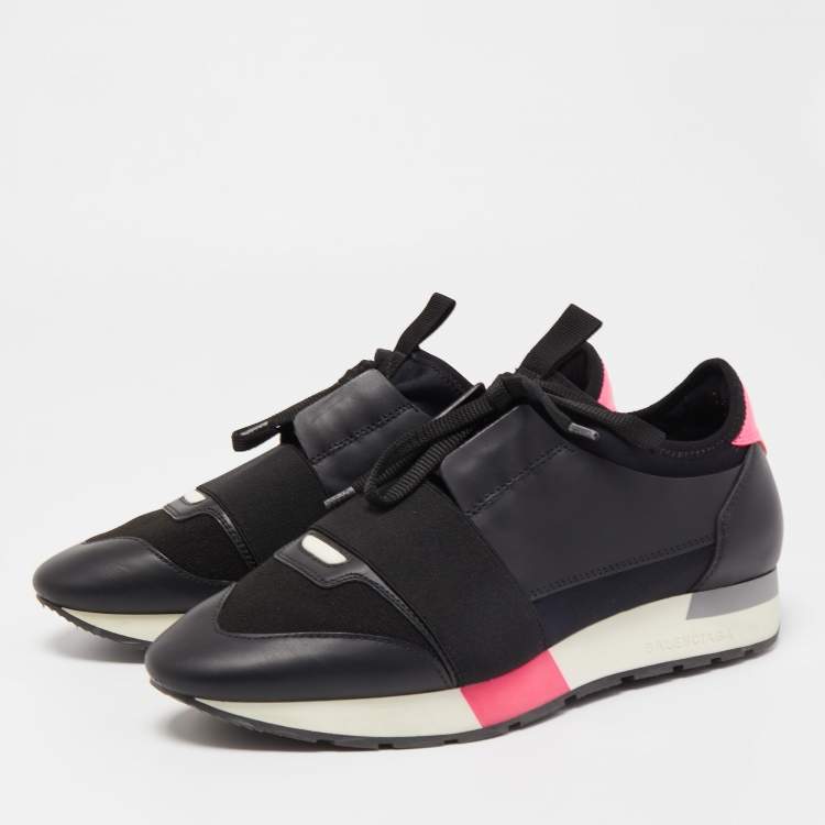 Pre Owned Balenciaga Black Leather and Fabric Race Runner Sneakers Size 39