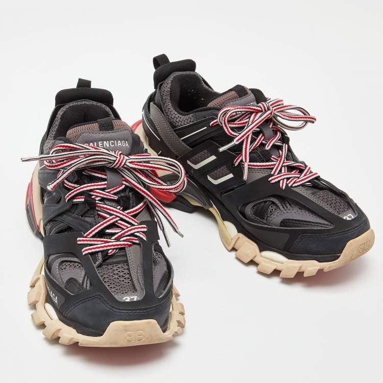 مملوكة مسبقًا Balenciaga Black Faux Leather and Mesh Track Sneakers Size 37