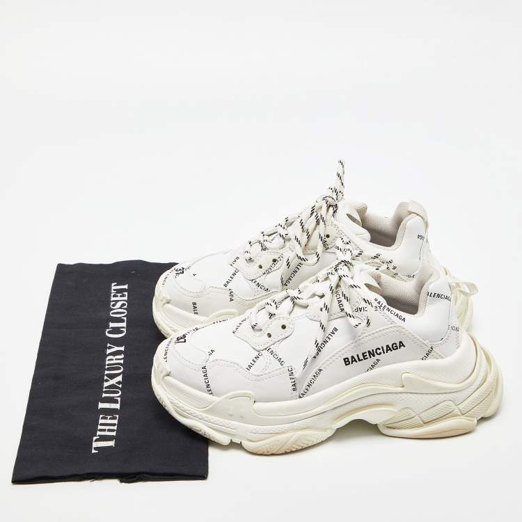 Pre Owned Balenciaga White Leather All-Over Logo Triple S Sneaker Size 37