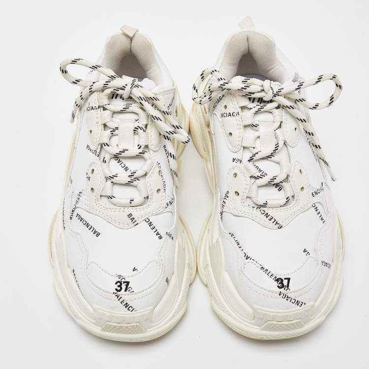 Pre Owned Balenciaga White Leather All-Over Logo Triple S Sneaker Size 37