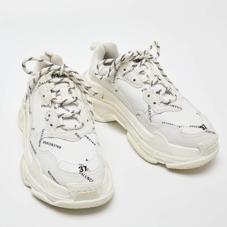 Pre Owned Balenciaga White Leather All-Over Logo Triple S Sneaker Size 37