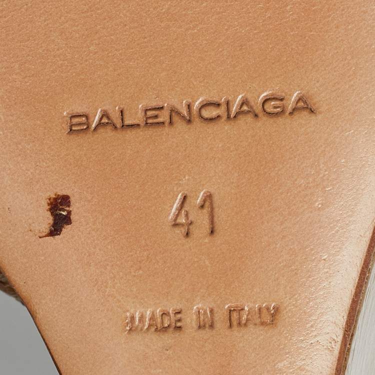 Pre Owned Balenciaga Beige Patent Leather Wedge Ankle Strap Sandals Size 41