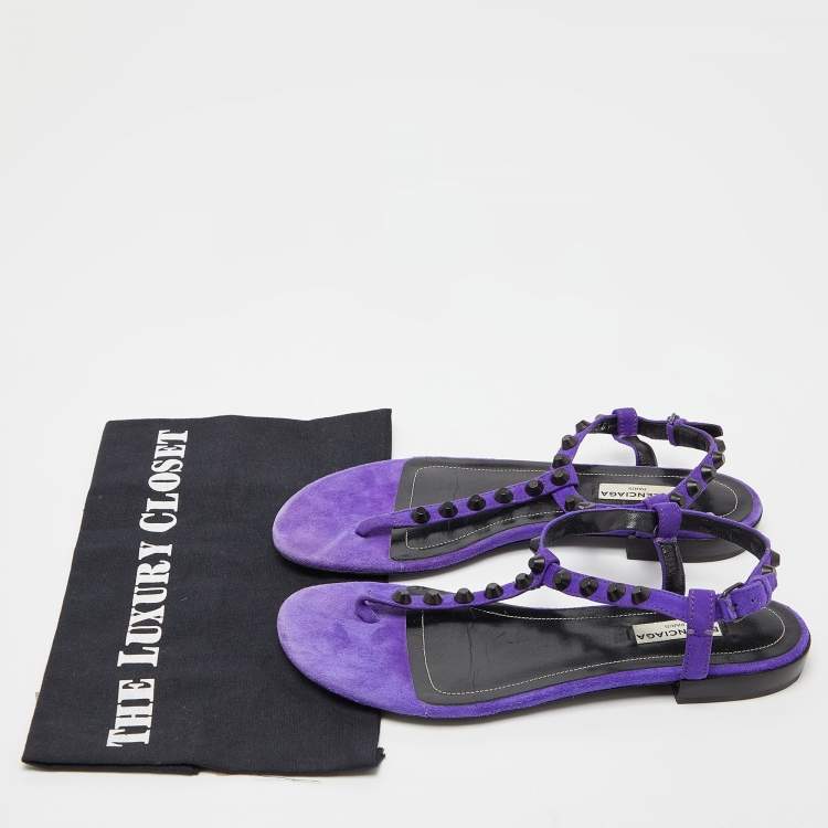 Pre Owned Balenciaga Purple Suede Arena Studded Thong Sandals Size 38.5