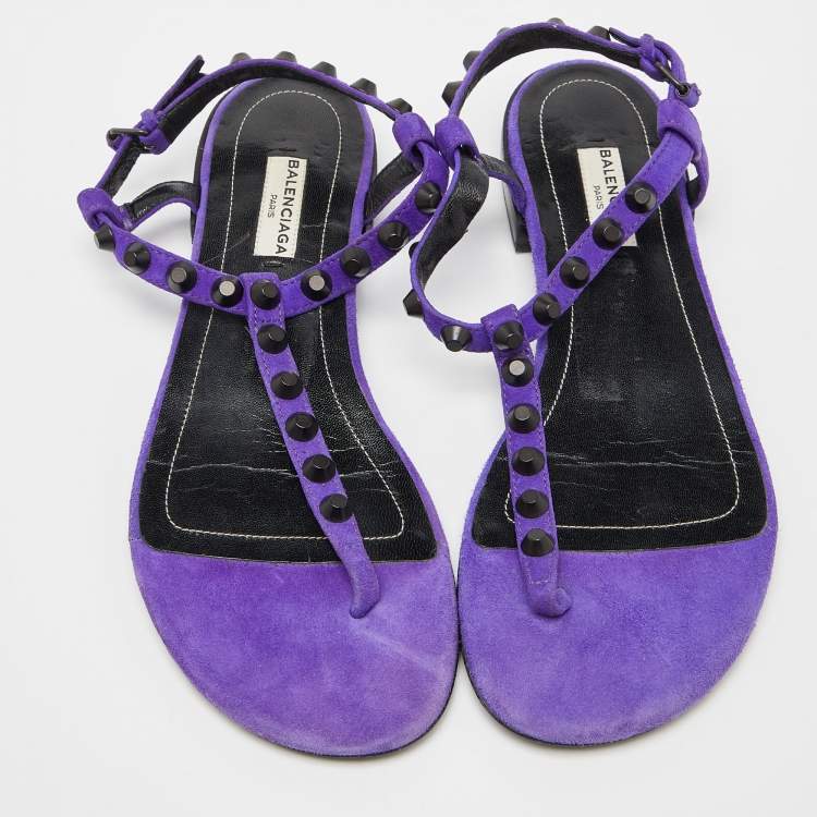 Pre Owned Balenciaga Purple Suede Arena Studded Thong Sandals Size 38.5