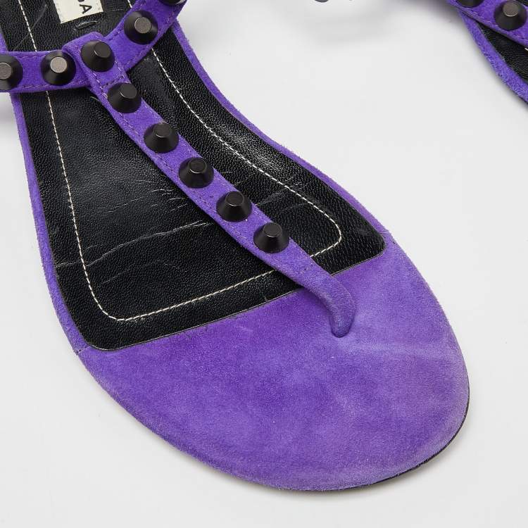 Pre Owned Balenciaga Purple Suede Arena Studded Thong Sandals Size 38.5