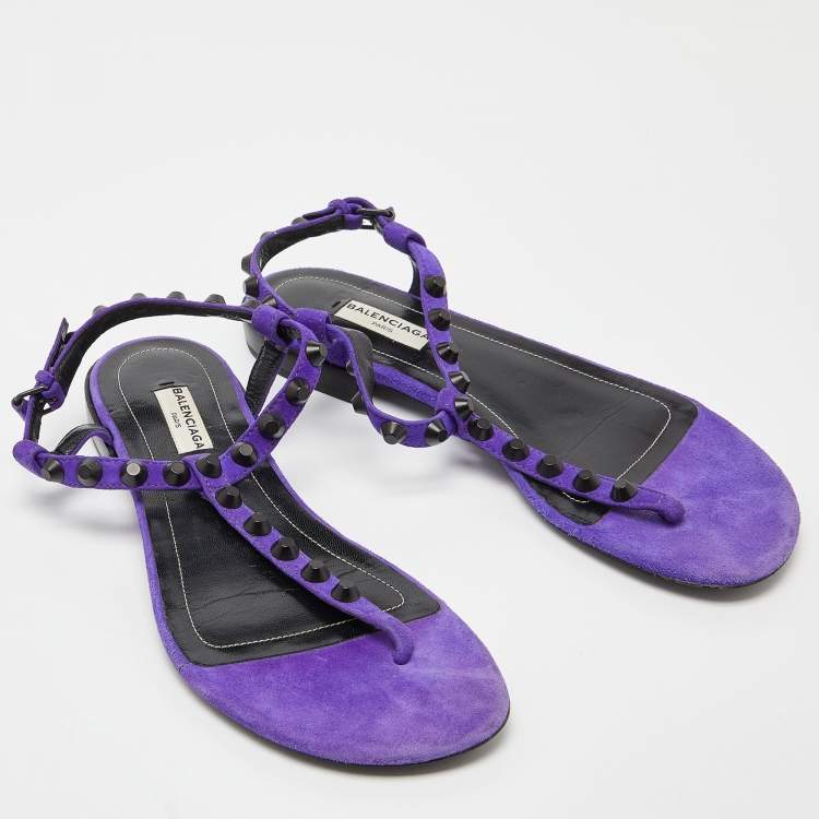 Pre Owned Balenciaga Purple Suede Arena Studded Thong Sandals Size 38.5