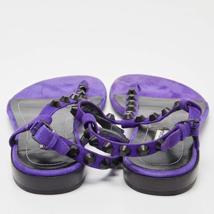 Pre Owned Balenciaga Purple Suede Arena Studded Thong Sandals Size 38.5
