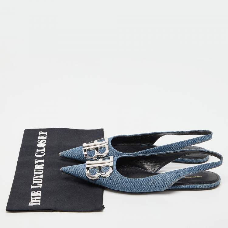 Pre Owned Balenciaga Blue Denim BB Knife Slingback Flat Sandals Size 35.5