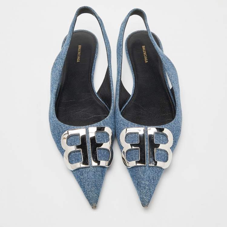 Pre Owned Balenciaga Blue Denim BB Knife Slingback Flat Sandals Size 35.5