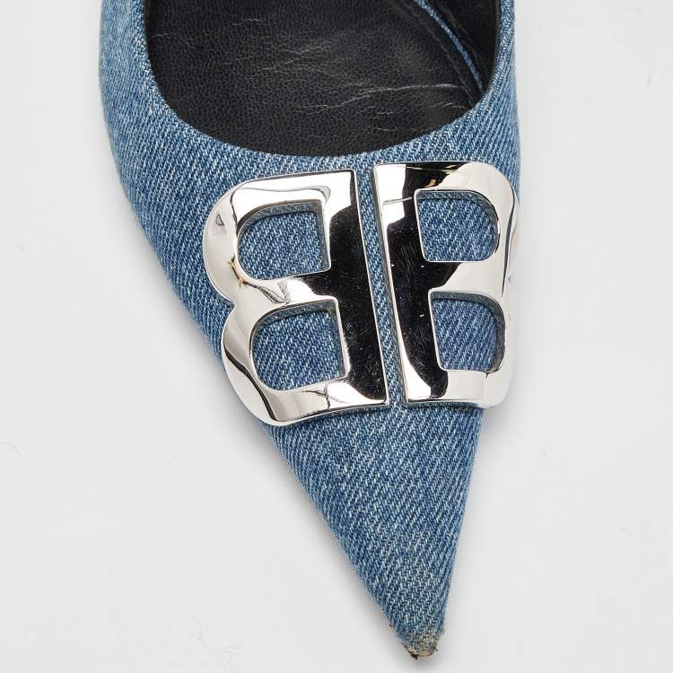 Pre Owned Balenciaga Blue Denim BB Knife Slingback Flat Sandals Size 35.5