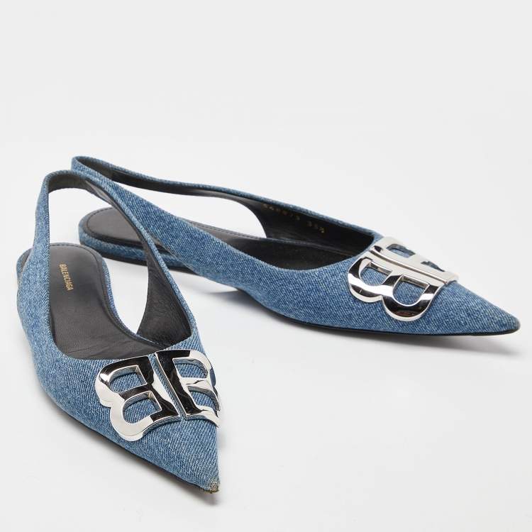 Pre Owned Balenciaga Blue Denim BB Knife Slingback Flat Sandals Size 35.5