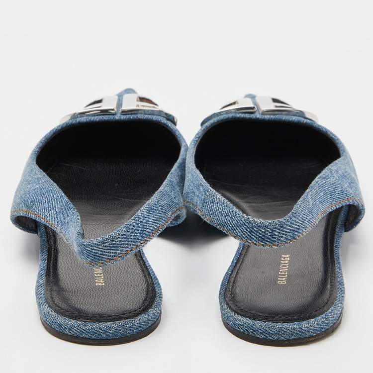 Pre Owned Balenciaga Blue Denim BB Knife Slingback Flat Sandals Size 35.5