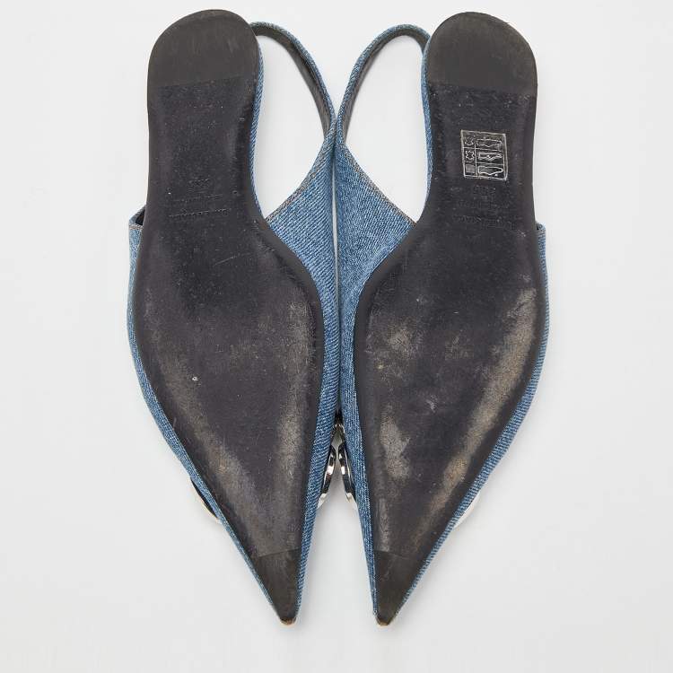 Pre Owned Balenciaga Blue Denim BB Knife Slingback Flat Sandals Size 35.5