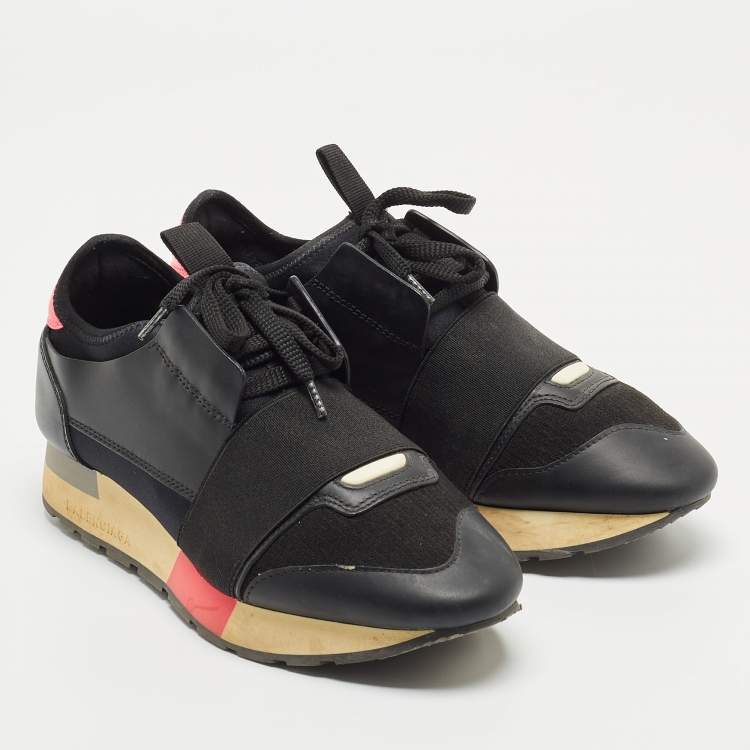 Pre Owned Balenciaga Black Leather and Fabric Race Runner Sneakers Size 35