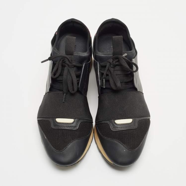 Pre Owned Balenciaga Black Leather and Fabric Race Runner Sneakers Size 35