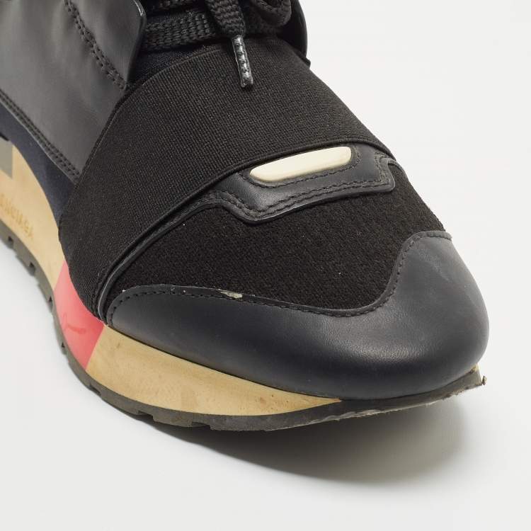 Pre Owned Balenciaga Black Leather and Fabric Race Runner Sneakers Size 35