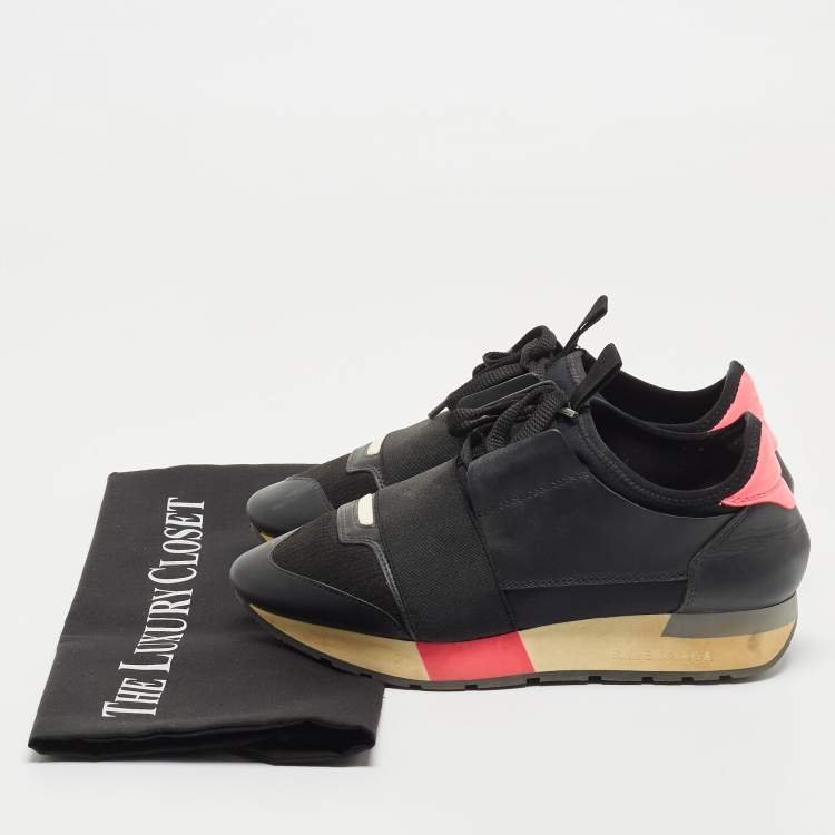 Pre Owned Balenciaga Black Leather and Fabric Race Runner Sneakers Size 35