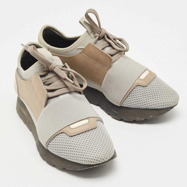 Pre Owned Balenciaga Two Tone Leather and Mesh Race Runner Sneakers Size 35
