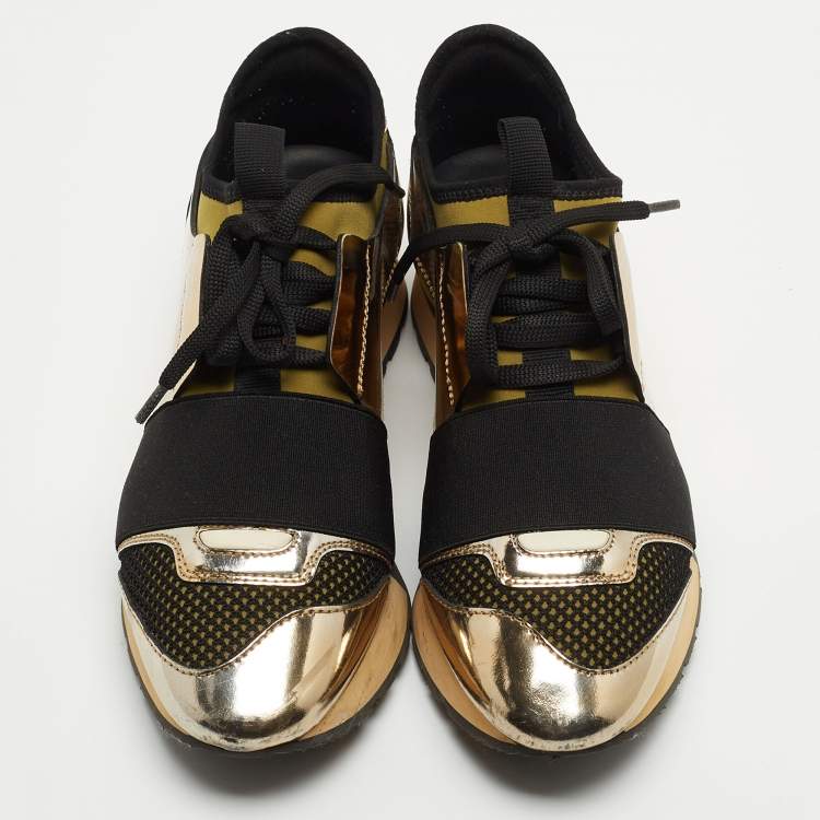 Pre Owned Balenciaga Tricolor Foil Leather and Mesh Race Runner Low Top Sneakers Size 35