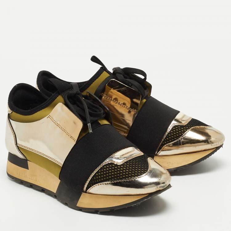 Pre Owned Balenciaga Tricolor Foil Leather and Mesh Race Runner Low Top Sneakers Size 35