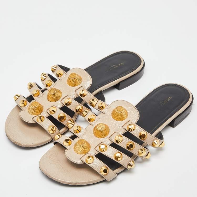 Pre Owned Balenciaga Beige Leather Arena Flat Slides Size 38