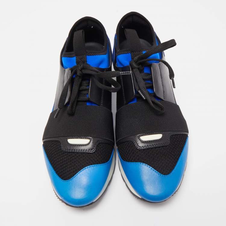 Pre Owned Balenciaga Black/Blue Leathe and Mesh Race Runner Low Sneakers Size 39