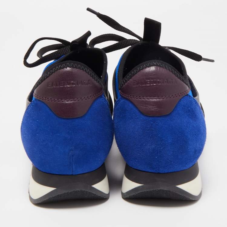 Pre Owned Balenciaga Black/Blue Leathe and Mesh Race Runner Low Sneakers Size 39