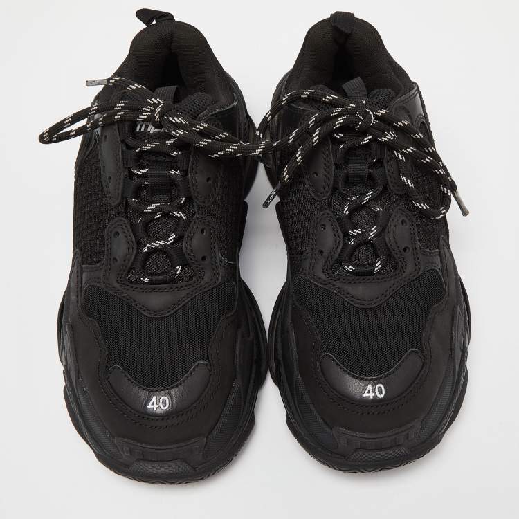 Pre Owned Balenciaga Black Leather and Mesh Triple S Sneakers Size 40
