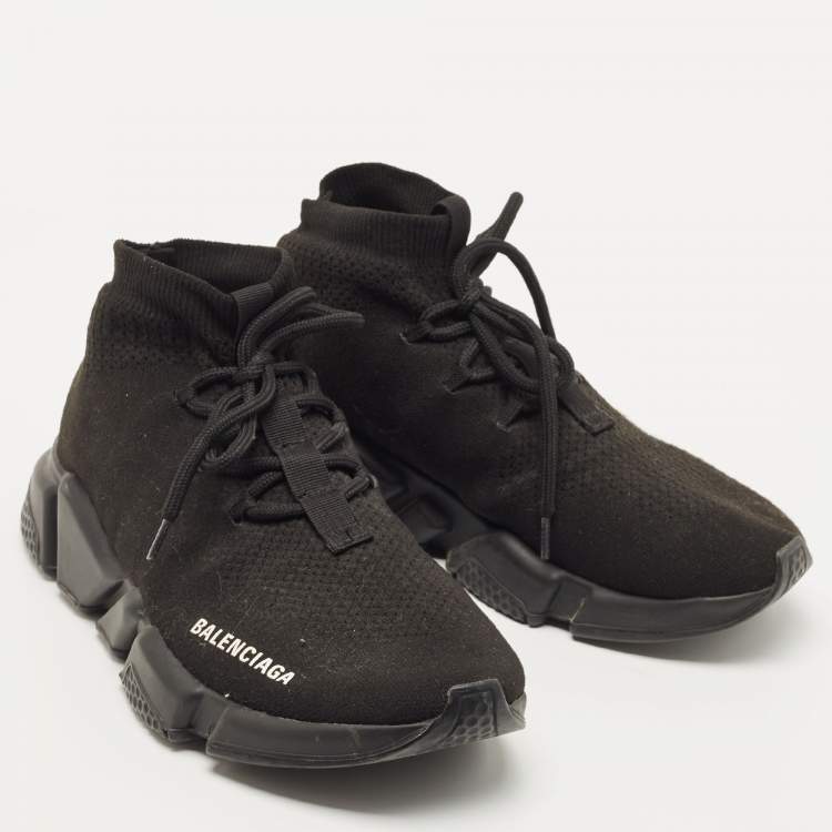Pre Owned Balenciaga Black Knit Fabric Speed Trainer Lace Up Sneakers Size 39