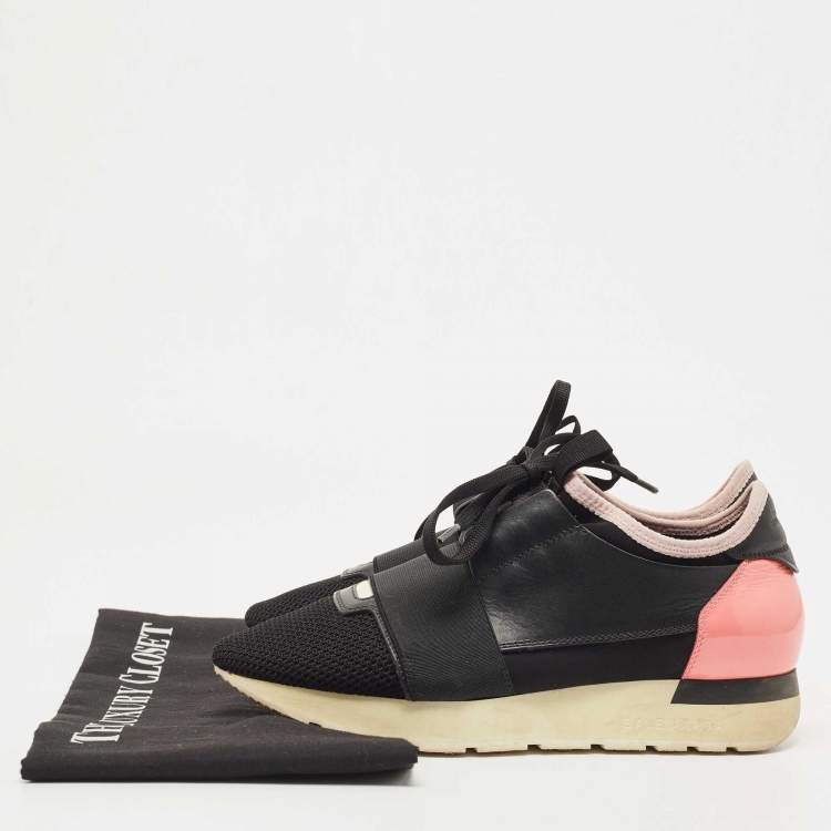 Pre Owned Balenciaga Black/Pink Leather and Mesh Race Runner Sneakers Size 36