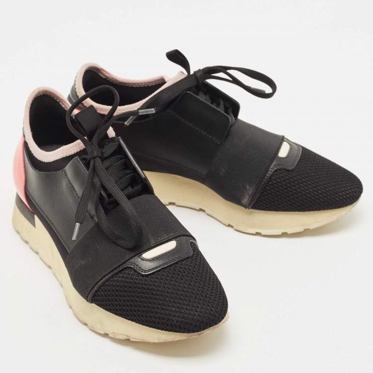 Pre Owned Balenciaga Black/Pink Leather and Mesh Race Runner Sneakers Size 36