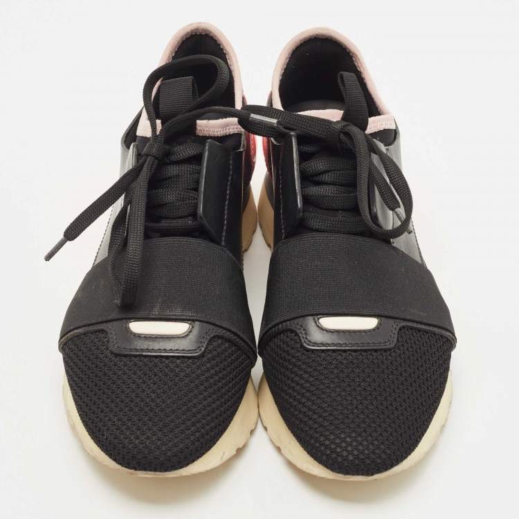 Pre Owned Balenciaga Black/Pink Leather and Mesh Race Runner Sneakers Size 36