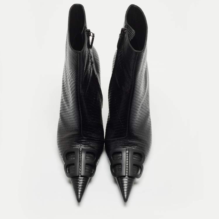 Pre Owned Balenciaga Black Lizard Embossed Leather Ankle Boots Size 38