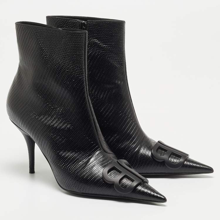 Pre Owned Balenciaga Black Lizard Embossed Leather Ankle Boots Size 38