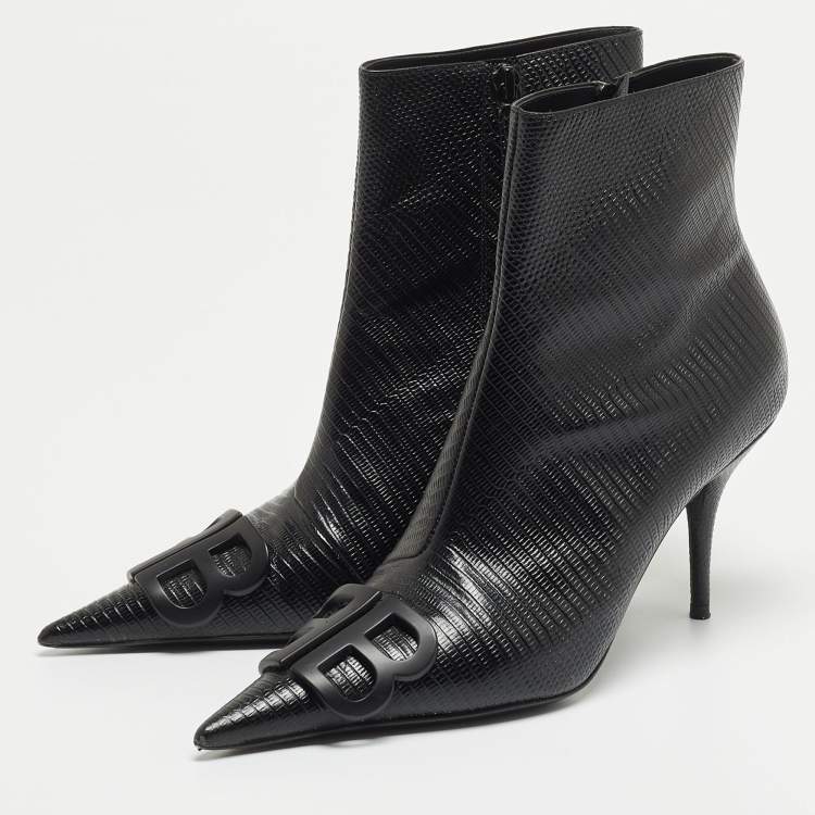 Pre Owned Balenciaga Black Lizard Embossed Leather Ankle Boots Size 38