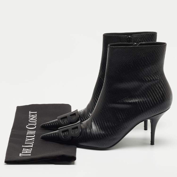 Pre Owned Balenciaga Black Lizard Embossed Leather Ankle Boots Size 38