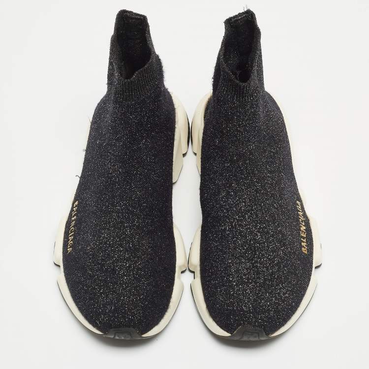 Pre Owned Balenciaga Black Glitter Knit Fabric Speed Trainer Sneakers Size 38